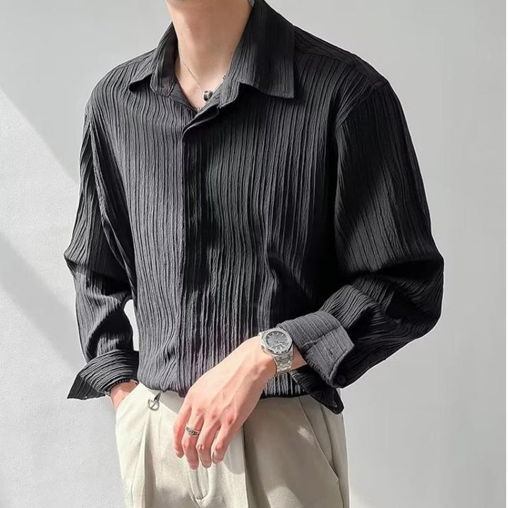 Men’s Long Sleeve Shirt - Relaxed Fit - Textured Crinkle Fabric - Button Down Casual