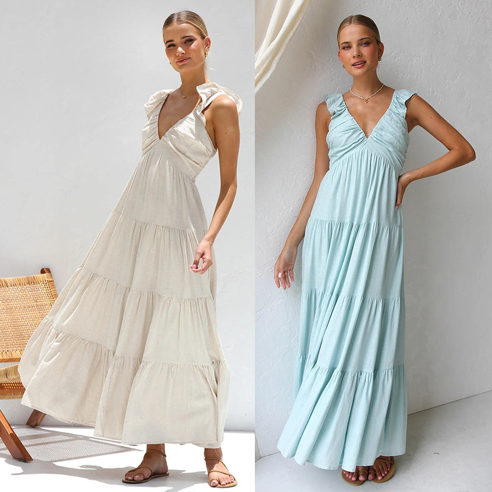 Women’s Maxi Dress – Flowing Fit – Tiered Silhouette – Ruffled Straps – Breathable Blend