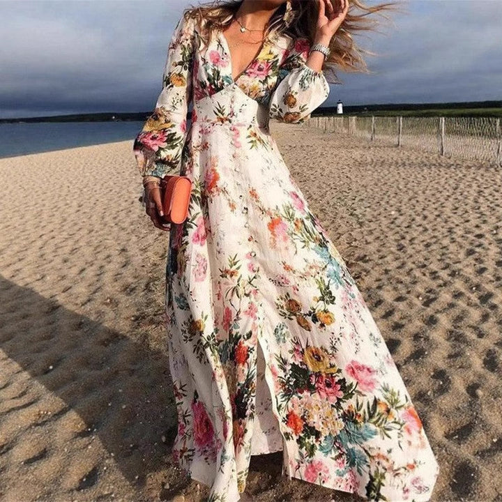 Women’s Maxi Dress – Flowing A-Line Fit – Deep V-Neck – Long Sleeve – Breathable Blend