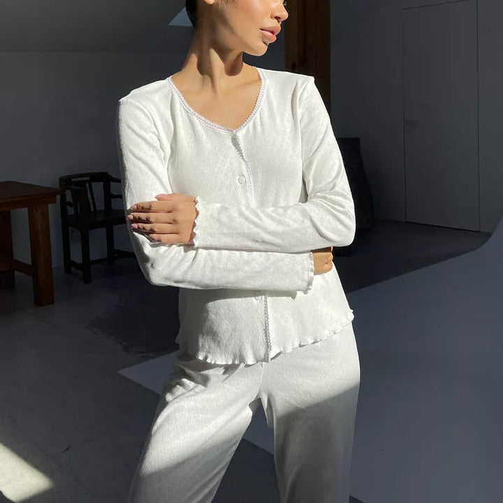 Women’s Loungewear Set – Soft Cotton – Relaxed Fit – Button Top & Wide-Leg Pants