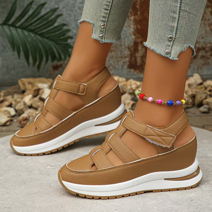 Women’s Wedge Sandals - Closed Toe - Platform Sole - Cut-Out Design - Adjustable Strap