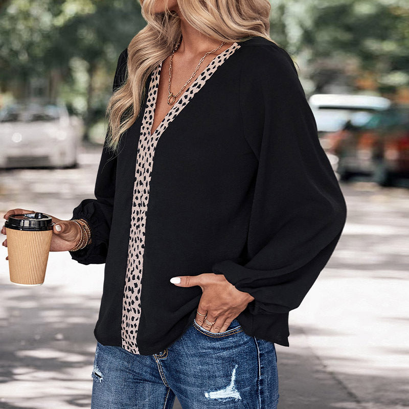 Women’s Blouse – V-Neck – Loose Fit – Long Puff Sleeve – Contrast Front Panel