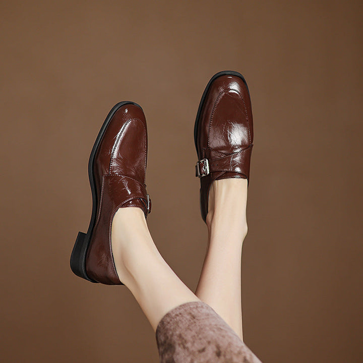 Women’s Loafers - Textured Faux Leather - Buckle Strap - Low Heel - Classic Fit