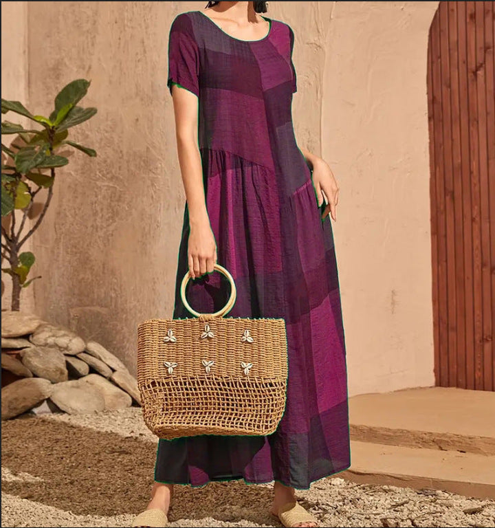 Women’s Long Dress – Cotton – Loose Fit A-Line – Short Sleeve – Plaid Casual Style