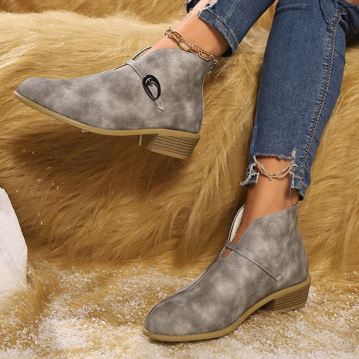 Women’s Ankle Boots – Suede Finish – Pointed Toe – Buckle Strap – Low Block Heel