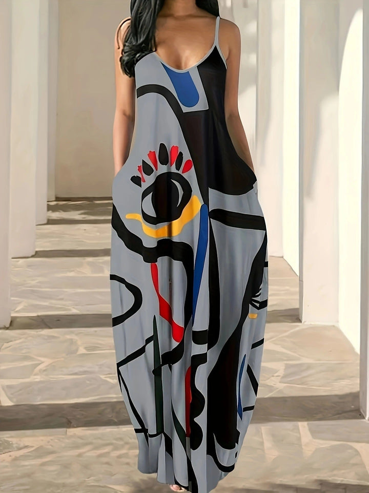 Women’s Maxi Dress – Abstract Print – Loose Fit – Cotton Blend – Spaghetti Strap