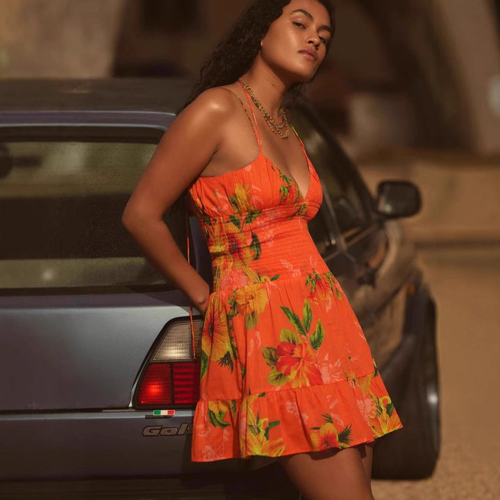 Women’s Mini Dress – Smocked Waist – Floral Print – Adjustable Straps – Lightweight Fit