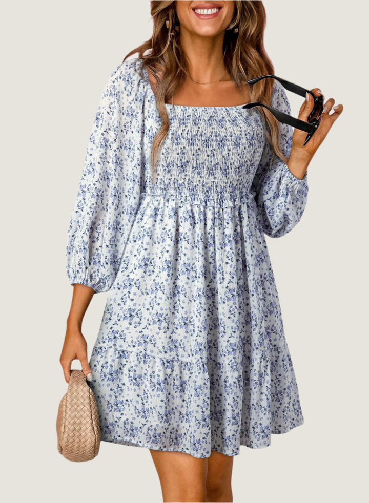 Women’s A-Line Dress – Smocked Bodice – Square Neck – Tiered Skirt – 3/4 Puff Sleeve
