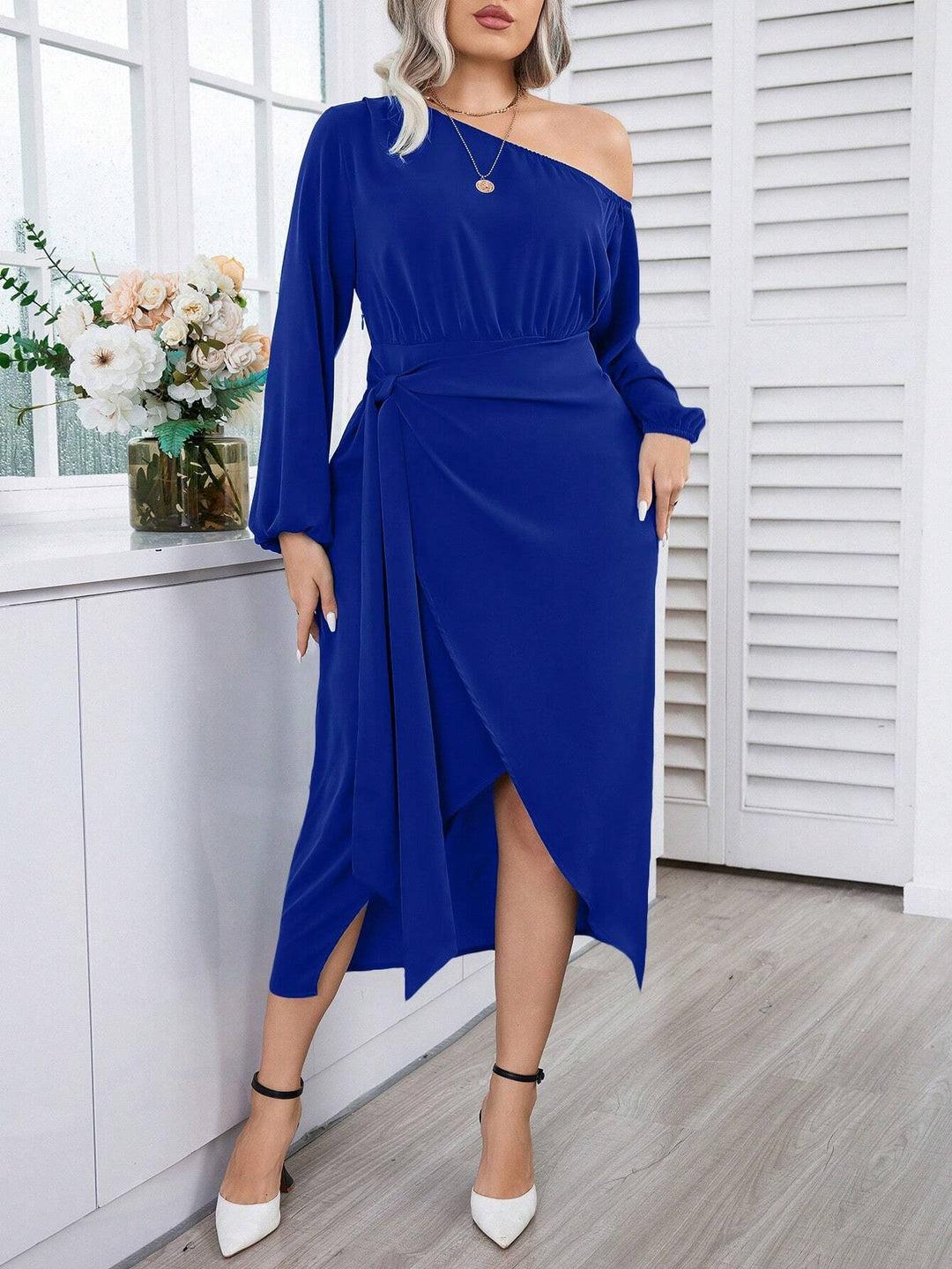 Women’s Wrap Dress – Fitted Silhouette – Asymmetric Neckline – Long Sleeve Midi Length