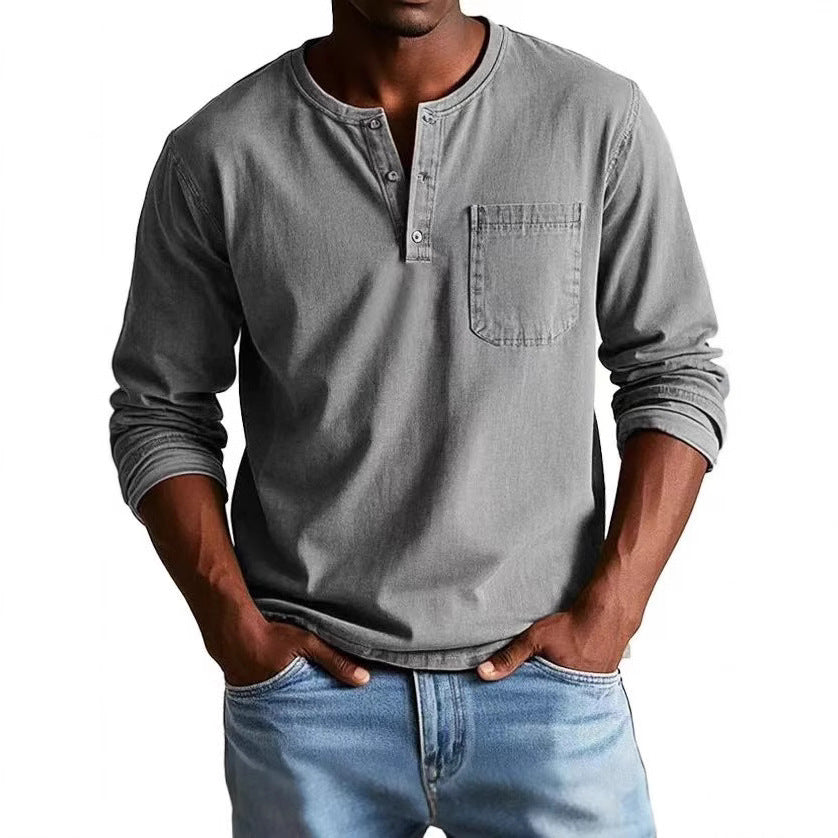Men’s Long Sleeve T-Shirt – Slim Fit – Breathable Blend – Button Neck with Chest Pocket