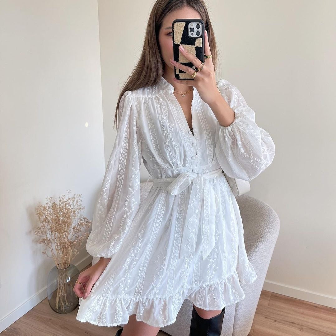 Women’s Mini Dress – Balloon Sleeves – Tie Waist – Ruffle Hem – Breathable Blend