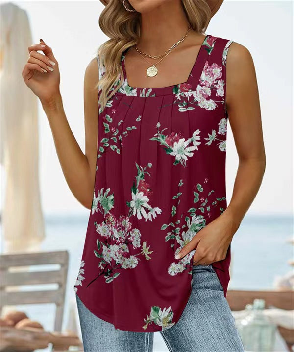Women’s Sleeveless Vest T-Shirt – Square Neck – Floral Print – Relaxed Fit – Breathable Blend