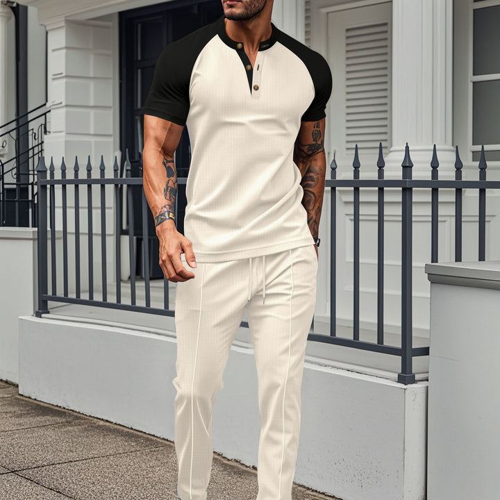 Men’s Two-Piece Set - Short-Sleeve Shirt - Athletic Fit - Stretch Fabric - Stand Collar Casual Style