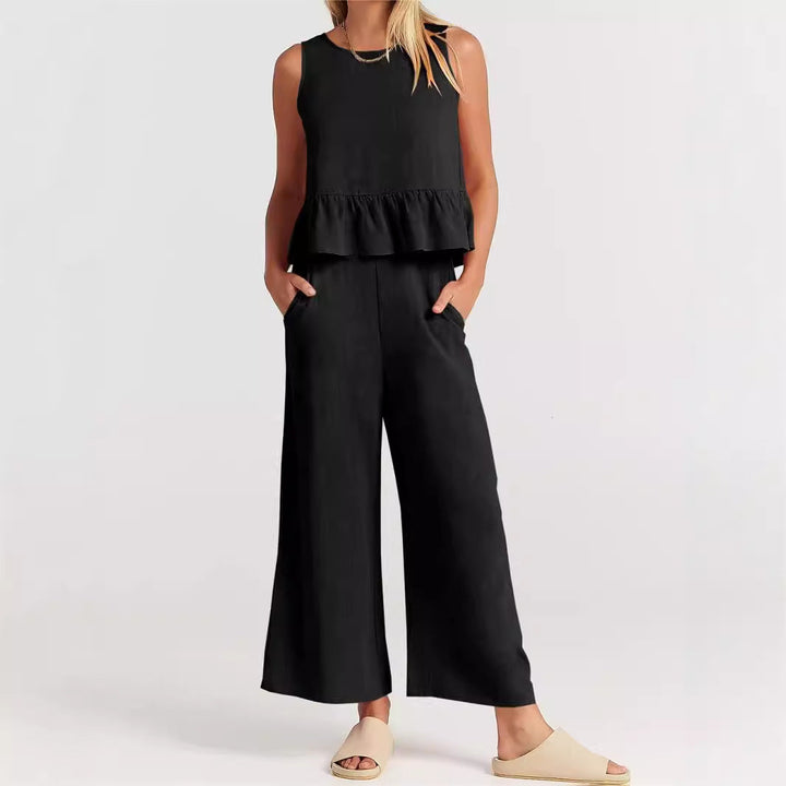 Women’s Two-Piece Set – Sleeveless Peplum Top – Wide-Leg High-Waist Pants – Lightweight Breathable