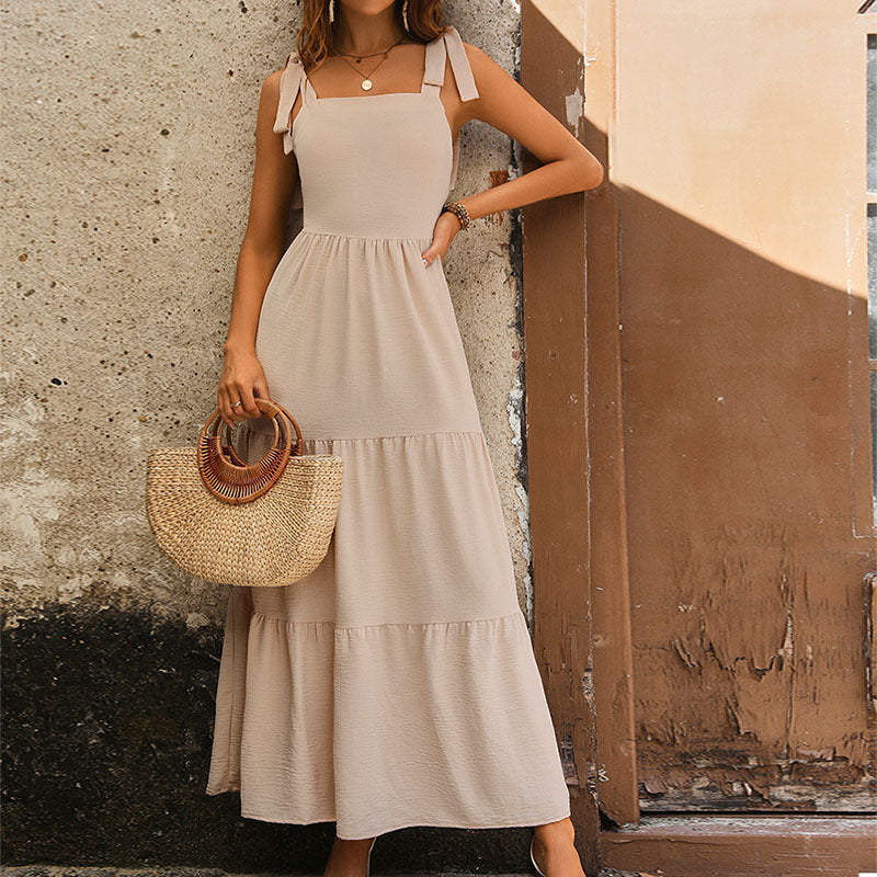 Women’s Maxi Dress - Relaxed Fit - Tiered Skirt - Sleeveless Natural Fibers