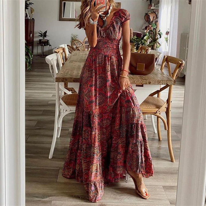 Women’s Maxi Dress – Smocked Bodice – Relaxed Fit – V-Neck – Tiered Skirt – Cotton Feel