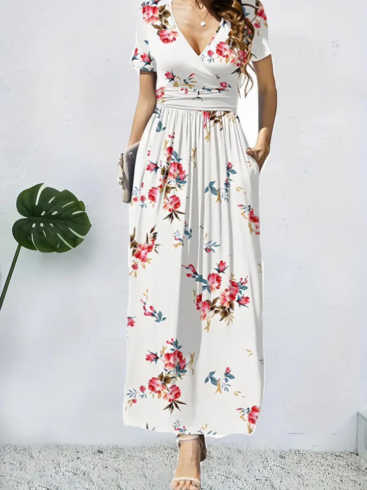 Women’s Wrap Maxi Dress - A-Line Fit - Short Sleeve - Floral Design