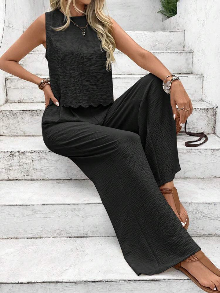 Women’s Two-Piece Set – Sleeveless Crop Top – Scalloped Hem – High-Waist Wide-Leg Pants
