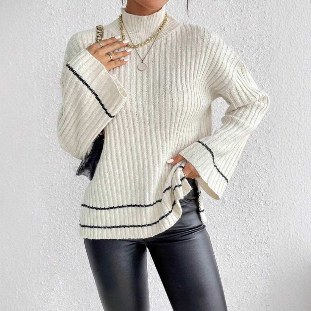 Women’s Knitted Sweater - Oversized Fit - Ribbed Texture - Mock Neck - Long Sleeve