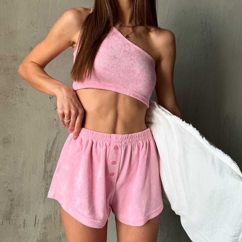 Women’s Loungewear Set – One Shoulder Crop Top – Elastic Waist Shorts – Soft Fabric