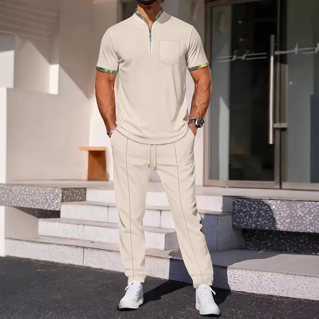 Men’s Sport Set -  Short Sleeve Shirt - Slim Fit - Zip Neck - Chest Pocket