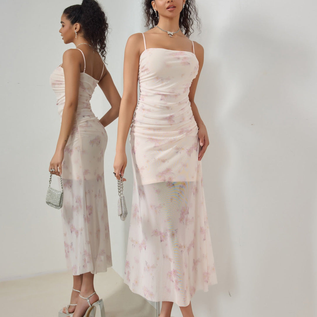 Women’s Maxi Dress – Ruched Bodice – Spaghetti Straps – Floral Print – Flowing Skirt