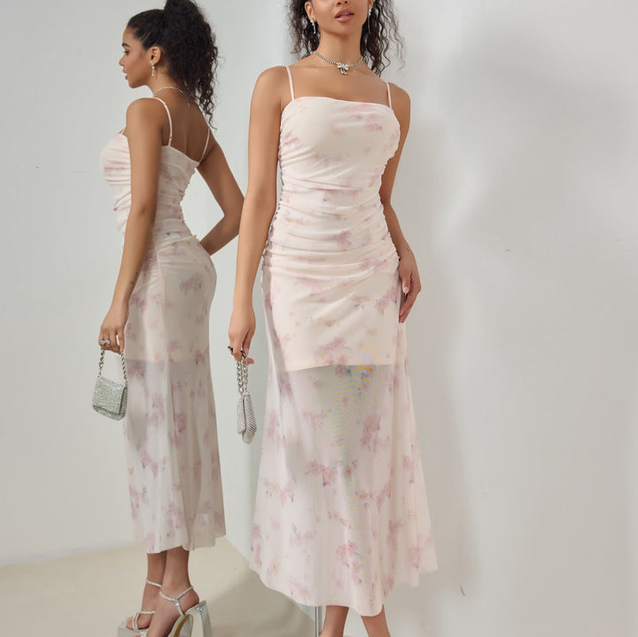 Women’s Maxi Dress – Ruched Bodice – Spaghetti Straps – Floral Print – Flowing Skirt