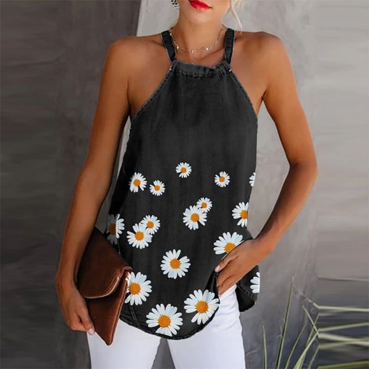 Women’s Camisole Top – Lightweight Denim – Relaxed Fit – Spaghetti Straps – Daisy Embroidery