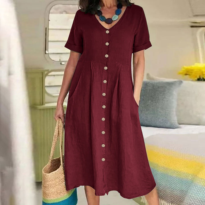 Women's V-Neck Button-Front Midi Dress - Short Sleeves