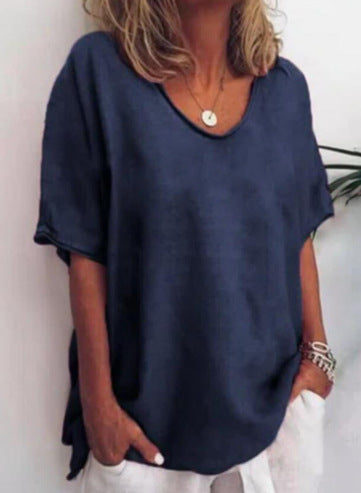 Women’s T-Shirt - Cotton Linen Blend - Relaxed Fit - V-Neck - Short Sleeve - Casual Top
