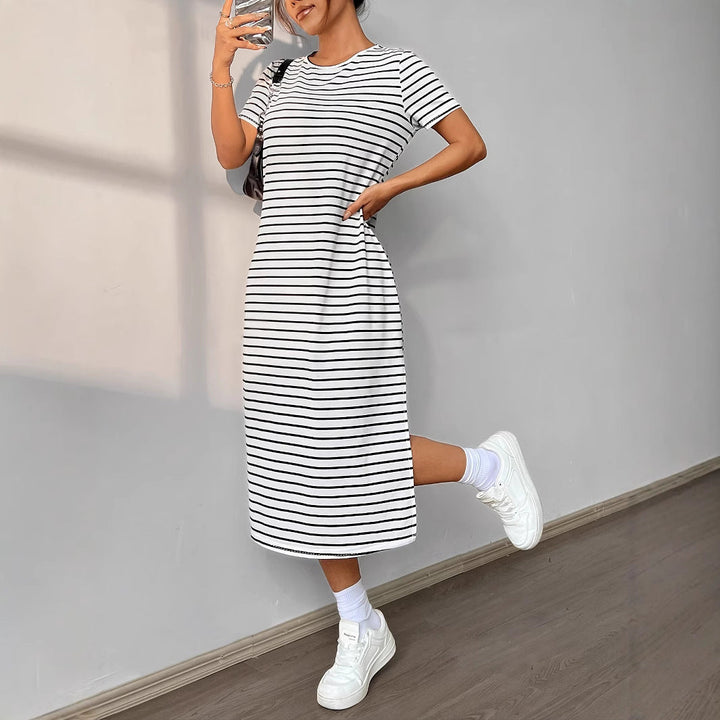 Women’s Midi Dress – Soft Knit – Relaxed Fit – Stripe Pattern – Side Slit Casual Style