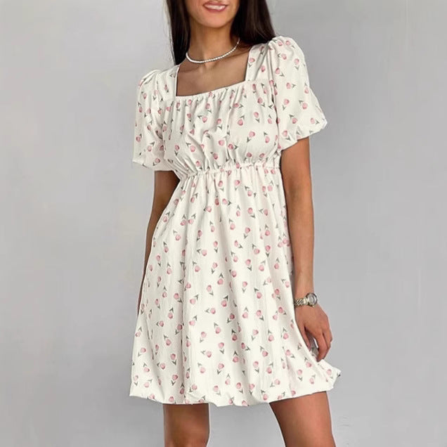 Women’s A-Line Dress – Square Neck – Puff Sleeve – Fitted Waist – Subtle Print