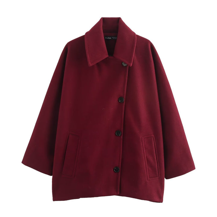 Women’s Wool Jacket - Oversized Fit - Wide Collar - Button Front - Casual Mid-Length