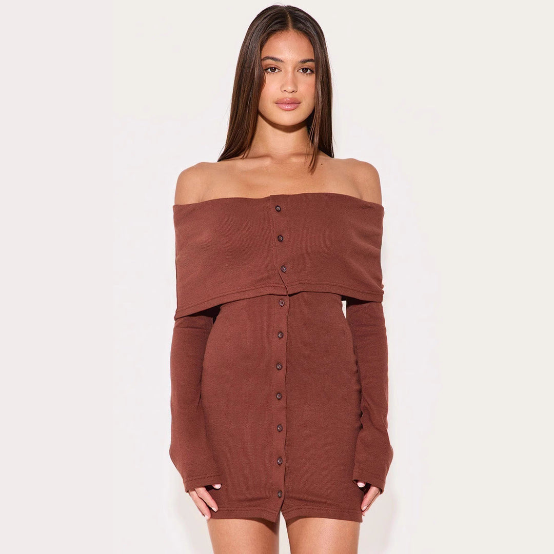 Women’s Off-Shoulder Dress - Ribbed Knit - Button Front - Slim Fit - Long Sleeve