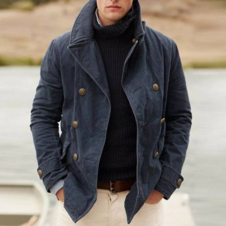 Men’s Casual Jacket - Heavy Cotton - Double-Breasted - High Collar - Button Cuffs