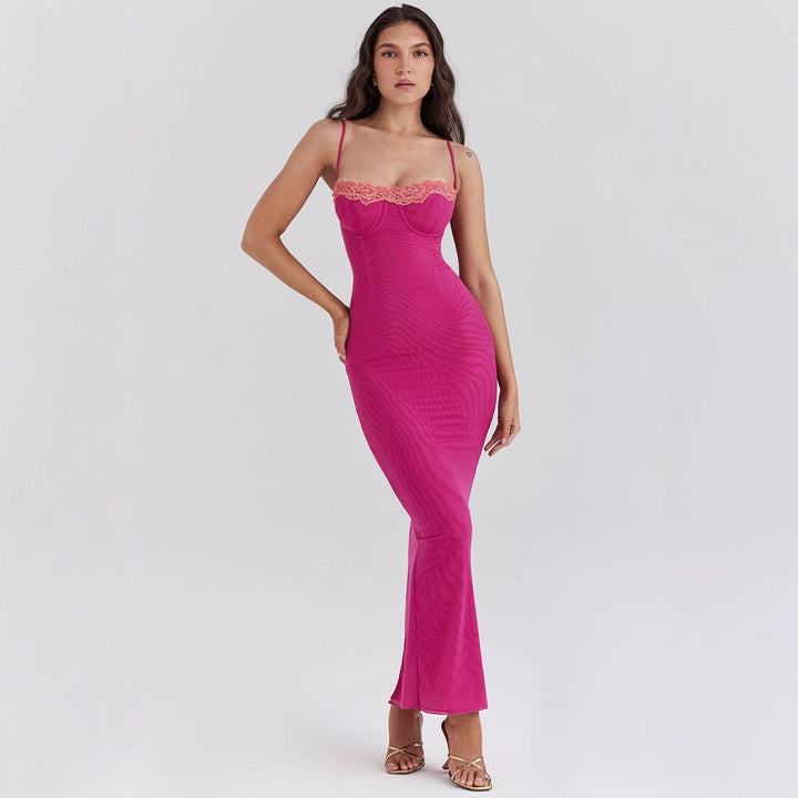 Women’s Midi Slip Dress – Figure-Hugging Fit – Sweetheart Neckline – Lace & Mesh Detail