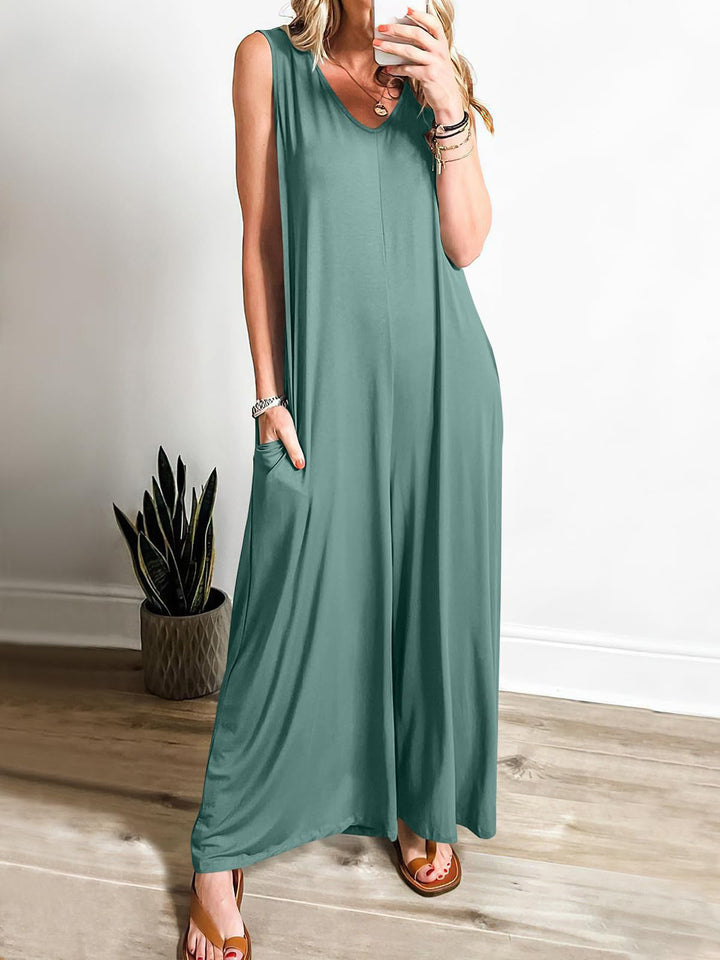 Women’s Maxi Dress – Soft Knit – Flowing Fit – Sleeveless V-Neck with Side Pockets