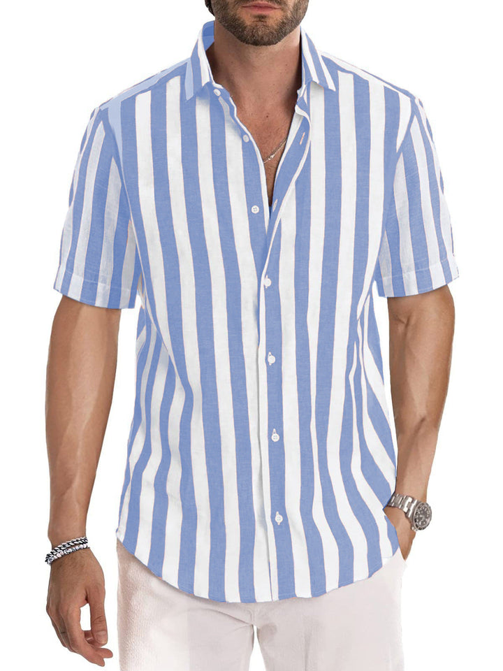 Men’s Button-Up Shirt – Relaxed Fit – Cotton – Short Sleeve – Striped Casual Style