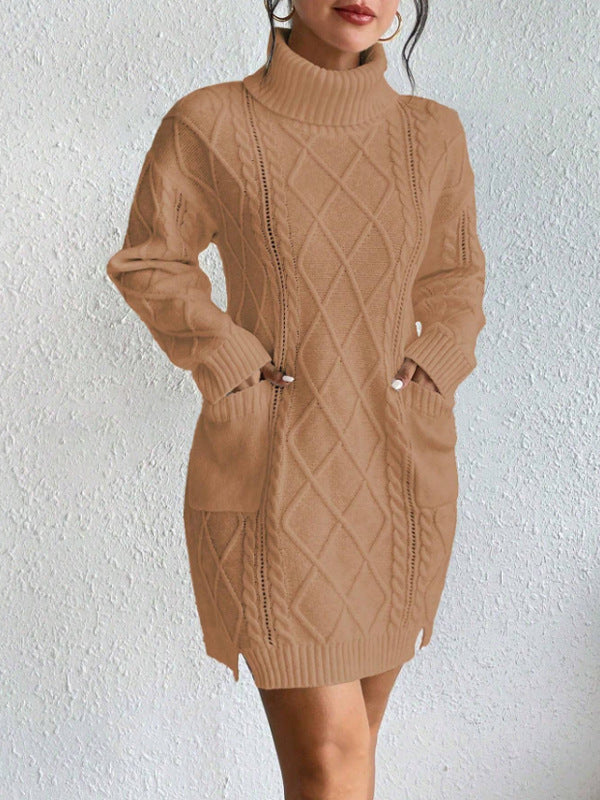 Women’s Sweater Dress - Cable Knit Diamond Pattern - Turtleneck - Long Sleeve Cozy Fit