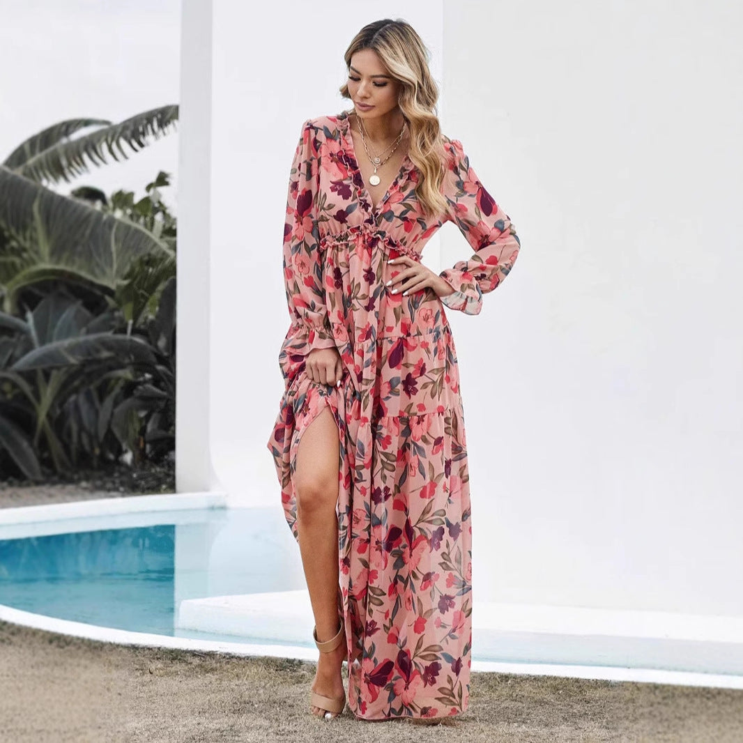 Women’s Maxi Dress – Lightweight Fabric – V-Neck Ruffle Detail – Long Sleeve – Floral Print