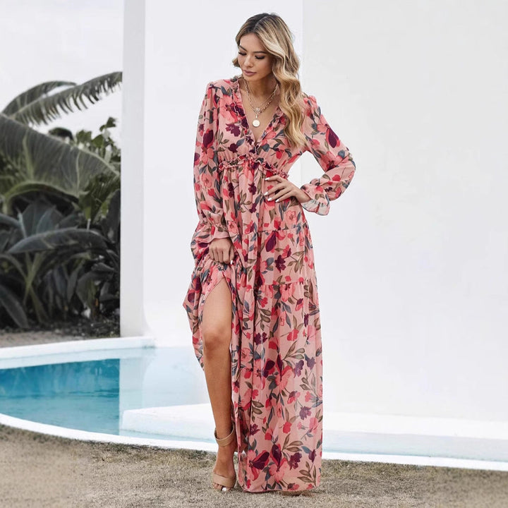Women’s Maxi Dress – Lightweight Fabric – V-Neck Ruffle Detail – Long Sleeve – Floral Print