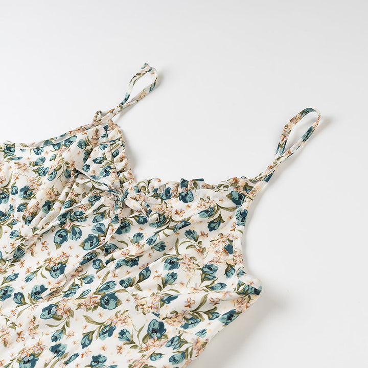 Women’s Mini Dress – Floral Print – Spaghetti Straps – Gathered Neckline – Flared Skirt