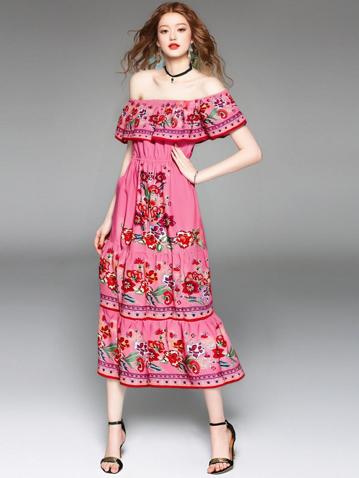 Women’s Maxi Dress – Off-Shoulder – Floral Embroidery – Ruffled Detail – Flowy Fit