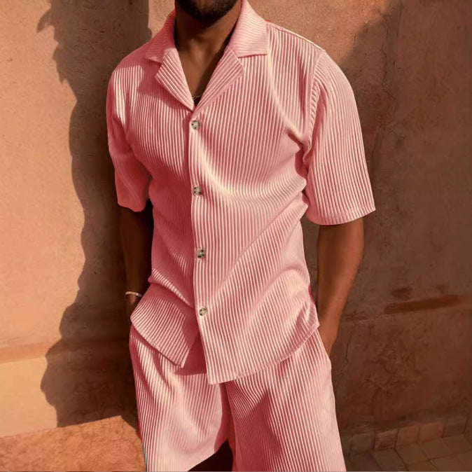 Men’s Casual Set – Relaxed Fit Button-Up Shirt & Shorts – Soft Textured Fabric