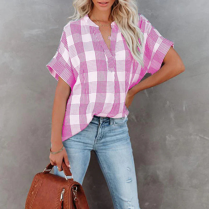 Women’s Blouse – Relaxed Fit – Cotton – Checkered Pattern – Short Sleeve – Casual Wear