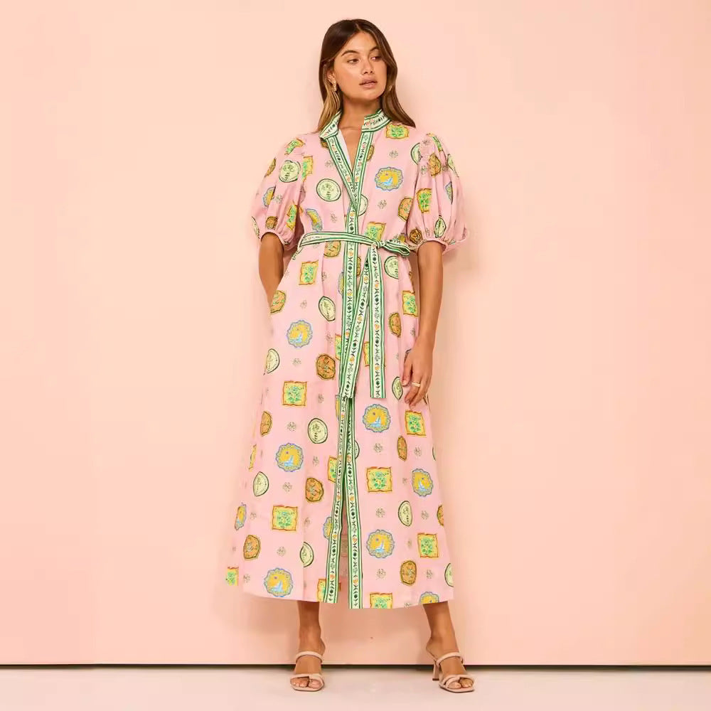 Women’s Midi Dress - Button Down - Puff Sleeve - Belted Waist - Lightweight Breathable Fabric