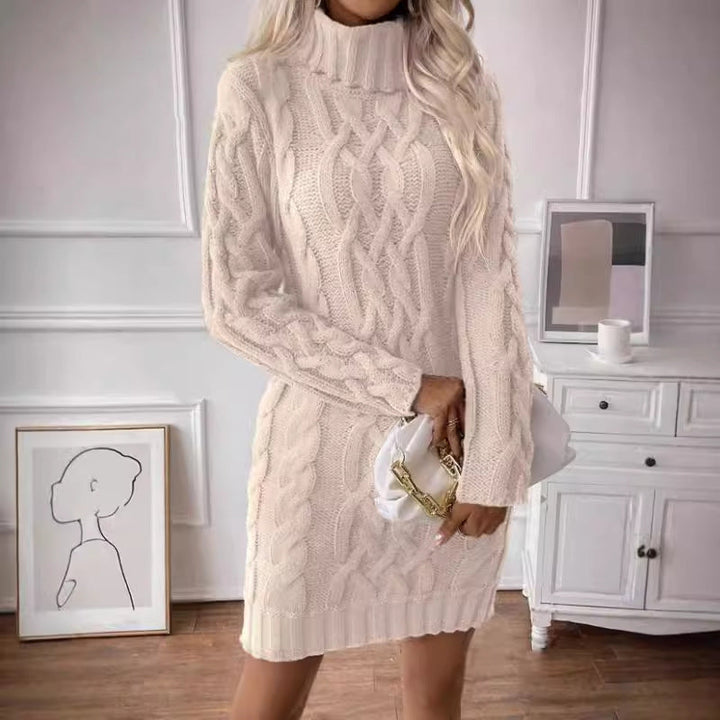 Women’s Sweater Dress – Cable Knit – Turtleneck – Slim Fit – Long Sleeve – Ribbed Hem
