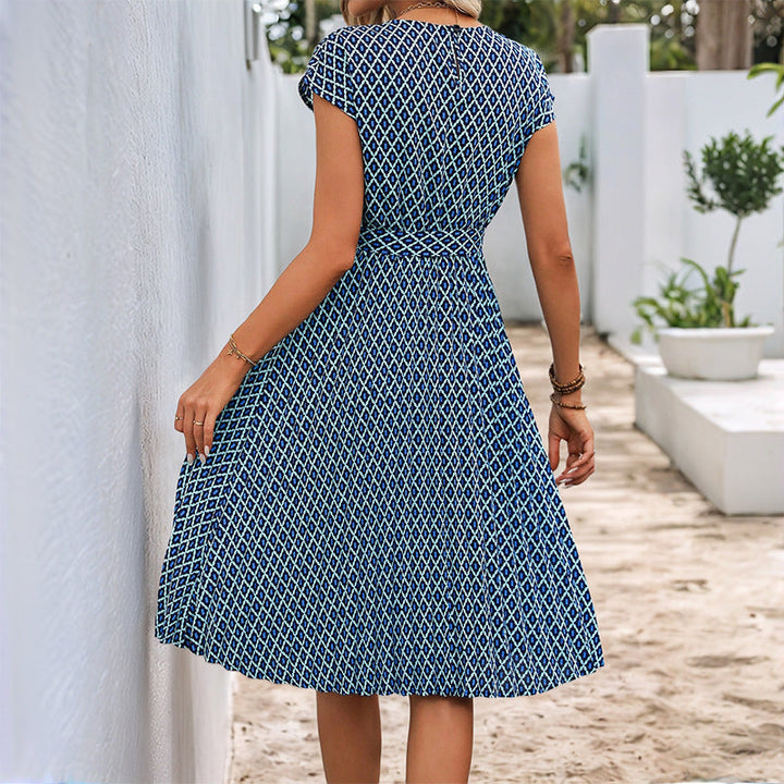 Women’s Midi Dress - Relaxed Fit - Tie Waist - Short Sleeve - Breathable Blend - Graphic Pattern