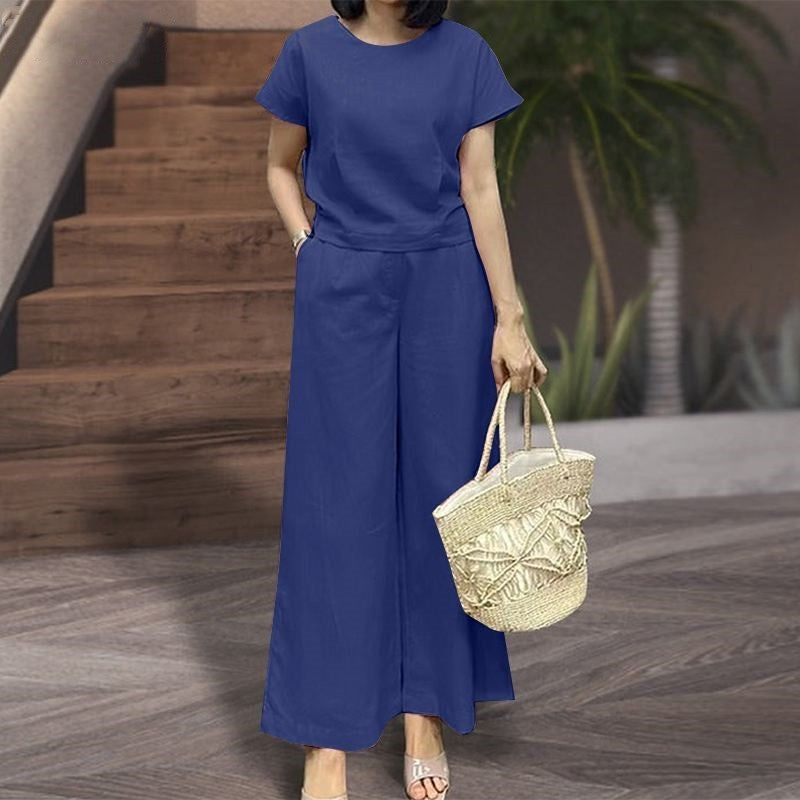 Women’s Two-Piece Set – Relaxed Fit – Soft Knit – Crew Neck Top – Wide-Leg Pants