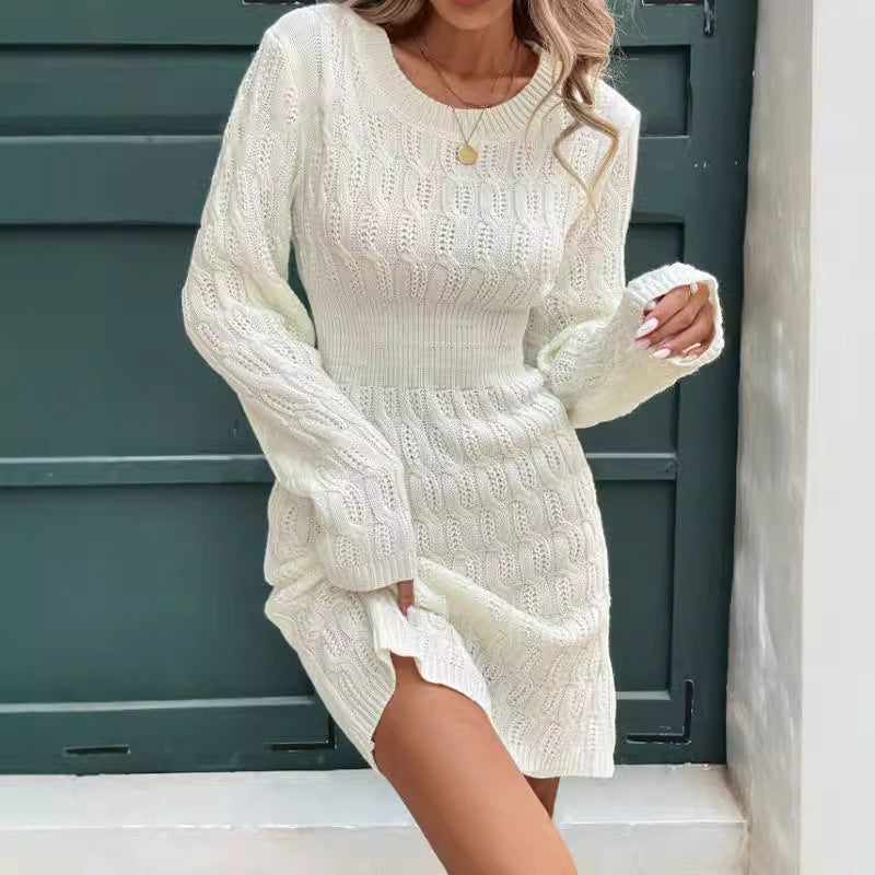 Women’s Sweater Dress – Cable Knit – Slim Fit – Long Sleeve – Ribbed Waist Mini Dress